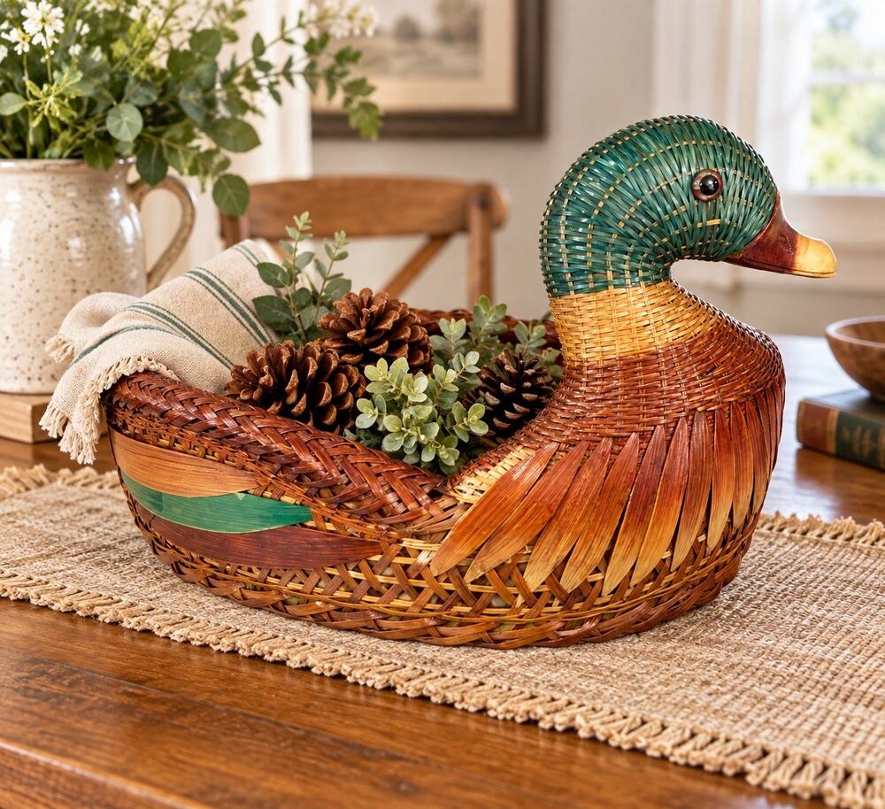 Vintage Wicker Mallard Duck Basket Handwoven Bamboo Rattan 16”